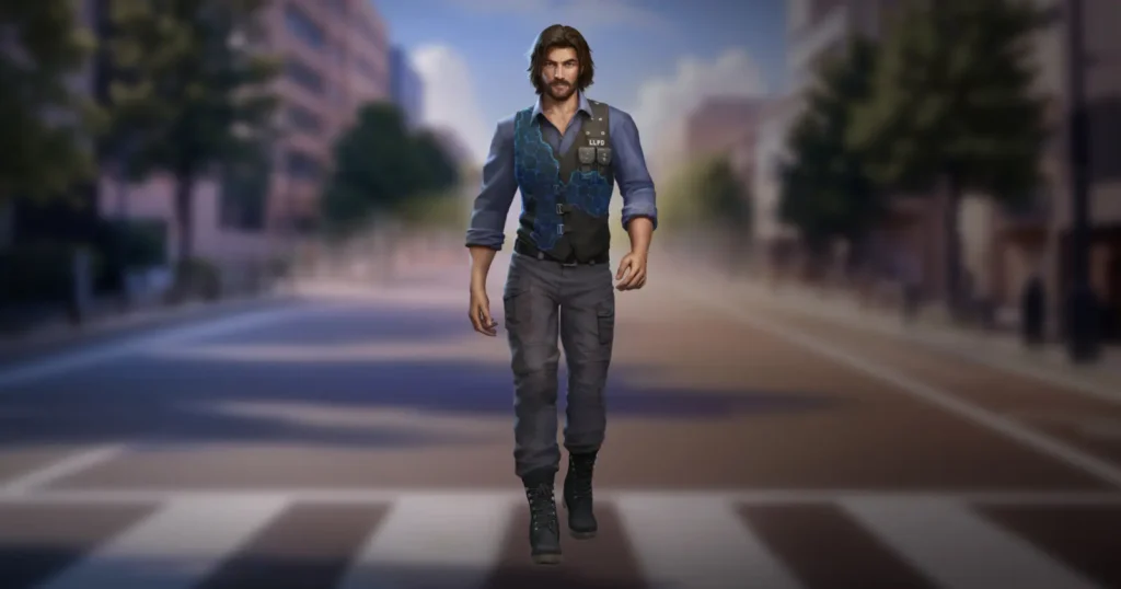 Free Fire's Andrew character with long hair and beard, wearing blue shirt and brown pants, standing in walking pose.