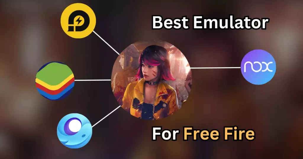 Four emulators Logos (BlueStacks, GameLoop, MEmu Play, and LD Player) connected to a central image of a Free Fire character.