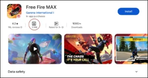 Mobile game Free Fire Max on Google Play Store by Garena International, Install button with 0 MB data size
