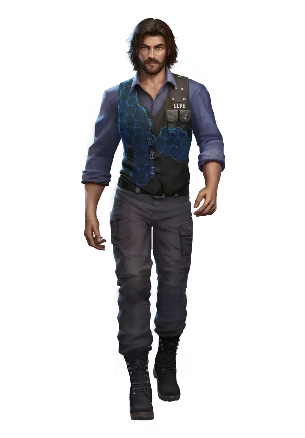 The character Andrew, with a transparent background, has long hair and a beard, wearing a blue shirt and brown pants, in a walking pose.