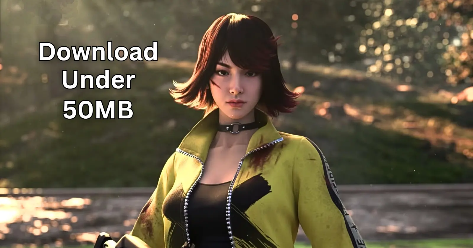 Kelly, a female character in a sunlit park, donning a yellow jacket. 'Download under 50 MB' is written beside her.