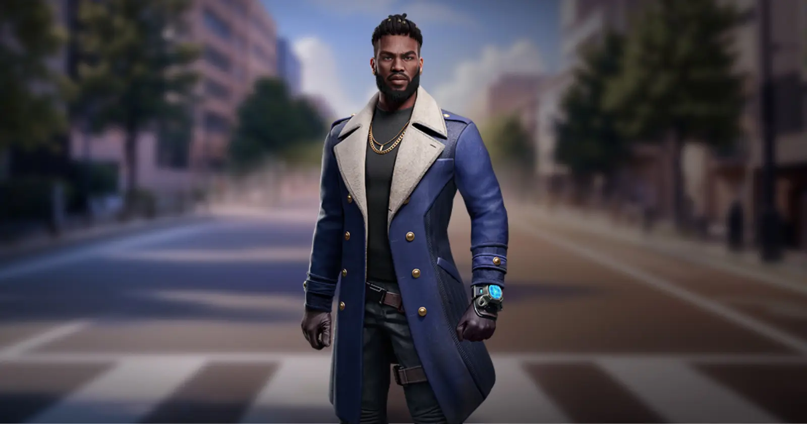 A blackfaced ford character stands on a city street wearing a long blue coat, black pants and accessories including a gold necklace.