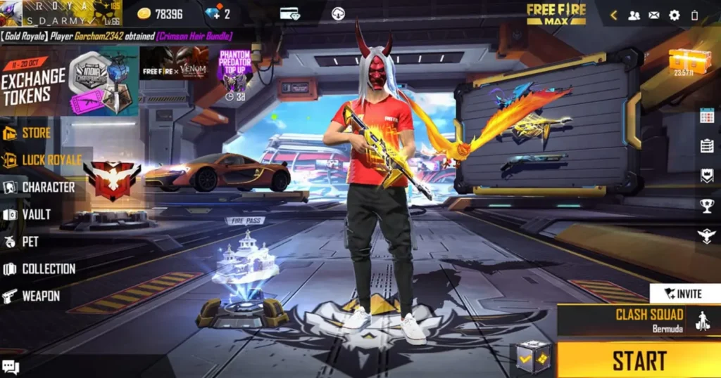 A Free Fire character with a mask and colorful attire stands holding weapons in a detailed virtual environment game lobby.