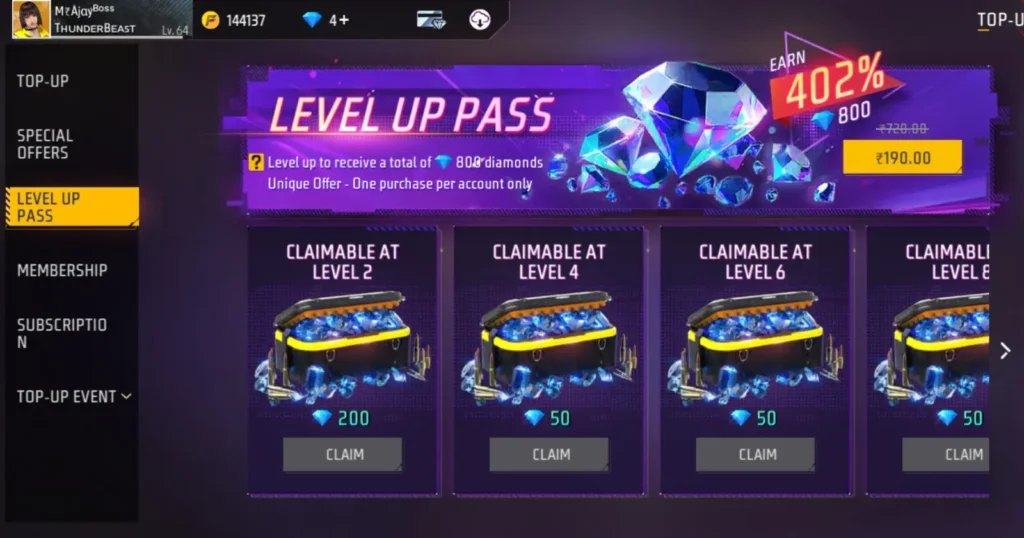 A screenshot of a free fire level-up pass section interface showing various menu options and offer in-game diamonds