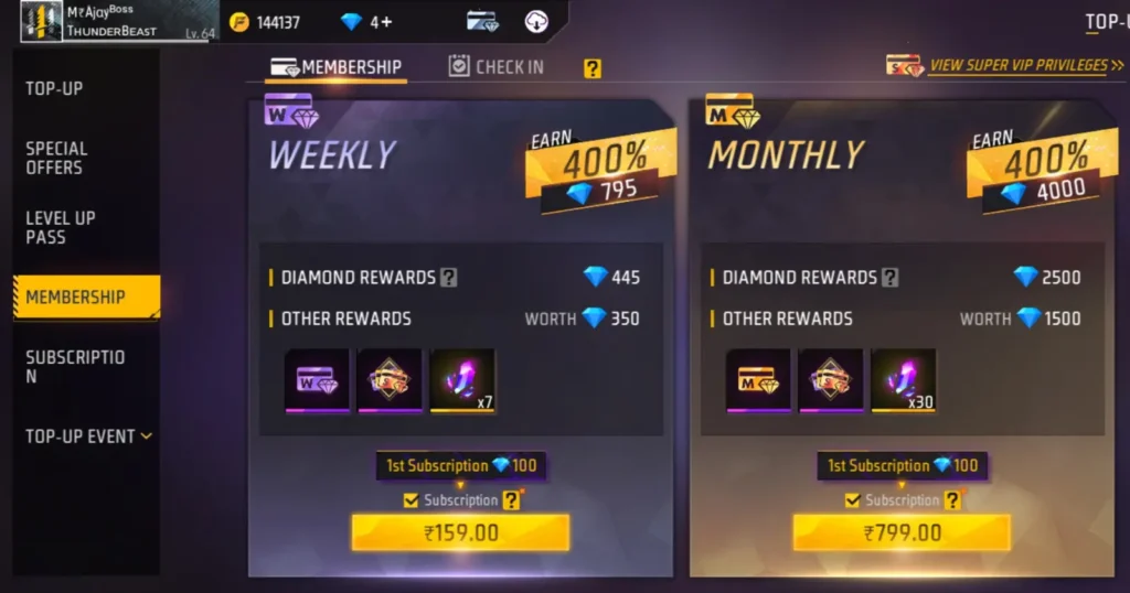 A game interface displaying free Fire weekly and monthly memberships with rewards and prices.