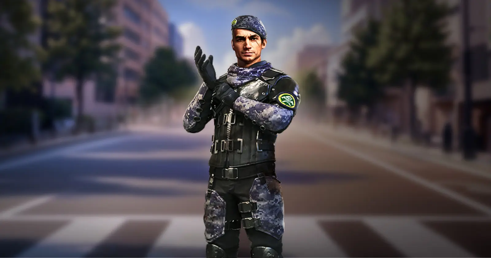 A man named Miguel, dressed in a military uniform, stands on an urban street.