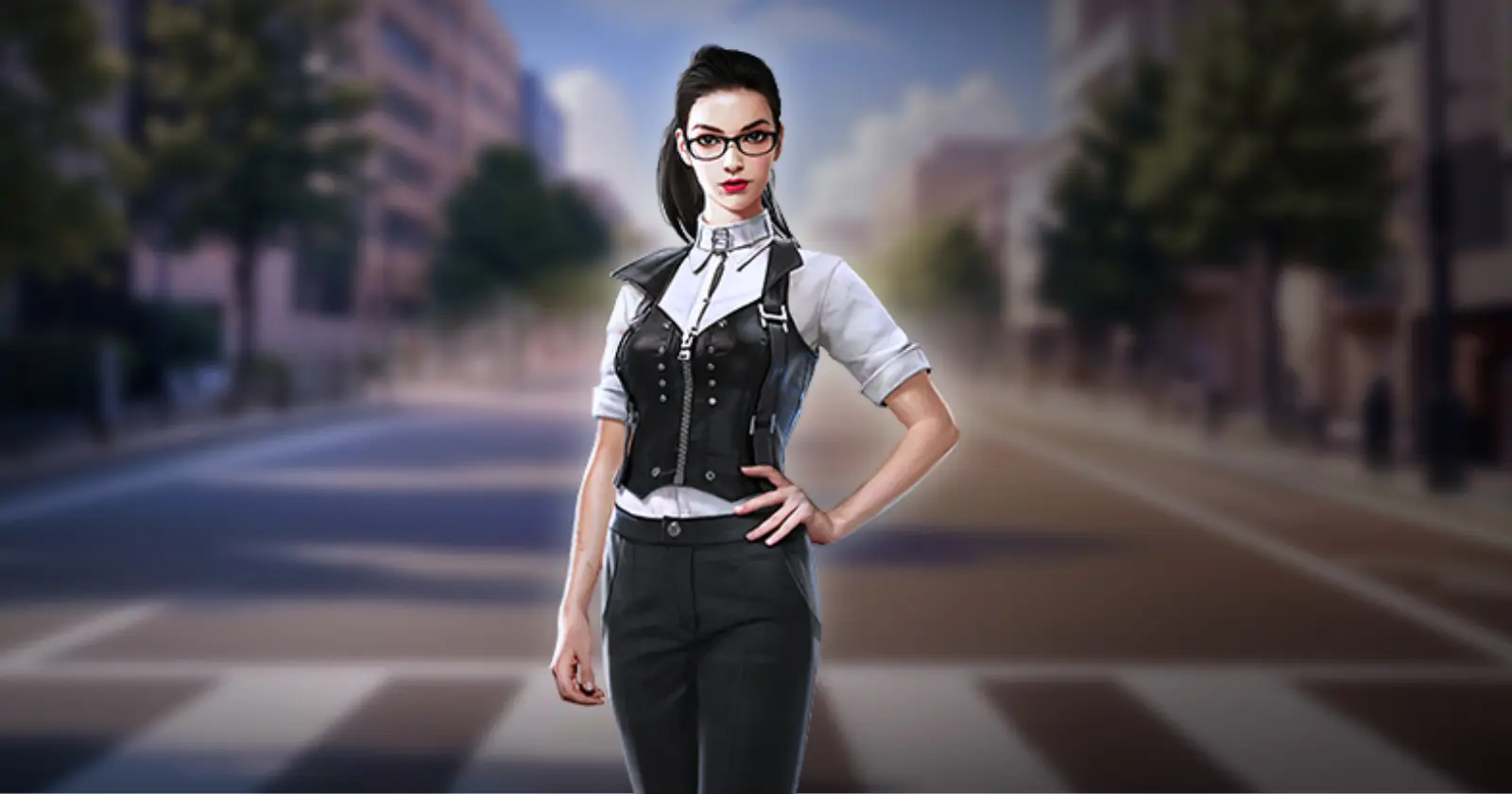 Nikita in chic black and white attire, donning glasses, confidently poses with hands on waist amidst a city street