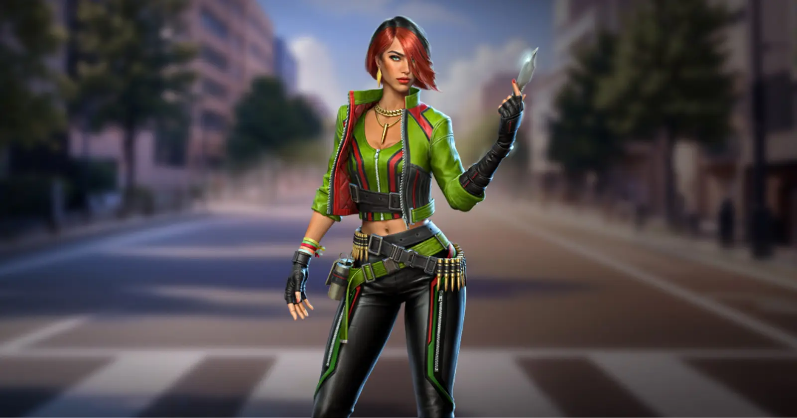 A woman named Paloma stands in a city street, wearing a green and black outfit, holding a shiny object in her hand.