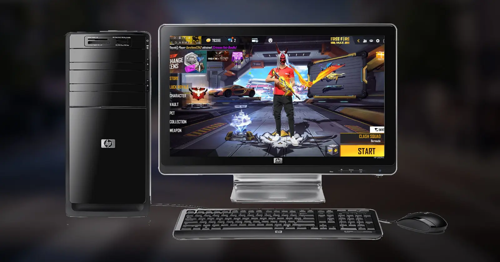 Free Fire PC gaming setup featuring an in-game character displayed on the monitor for an immersive gaming experience.