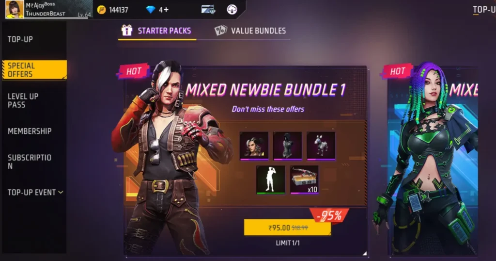 A special offer in a free fire game interface featuring two characters with obscured faces, surrounded by various menu options.