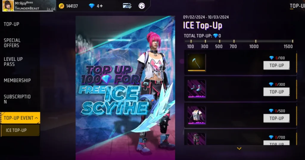 A screenshot of a free fire game interface showing a “Top-Up Event” where players can top up different amounts on the right.