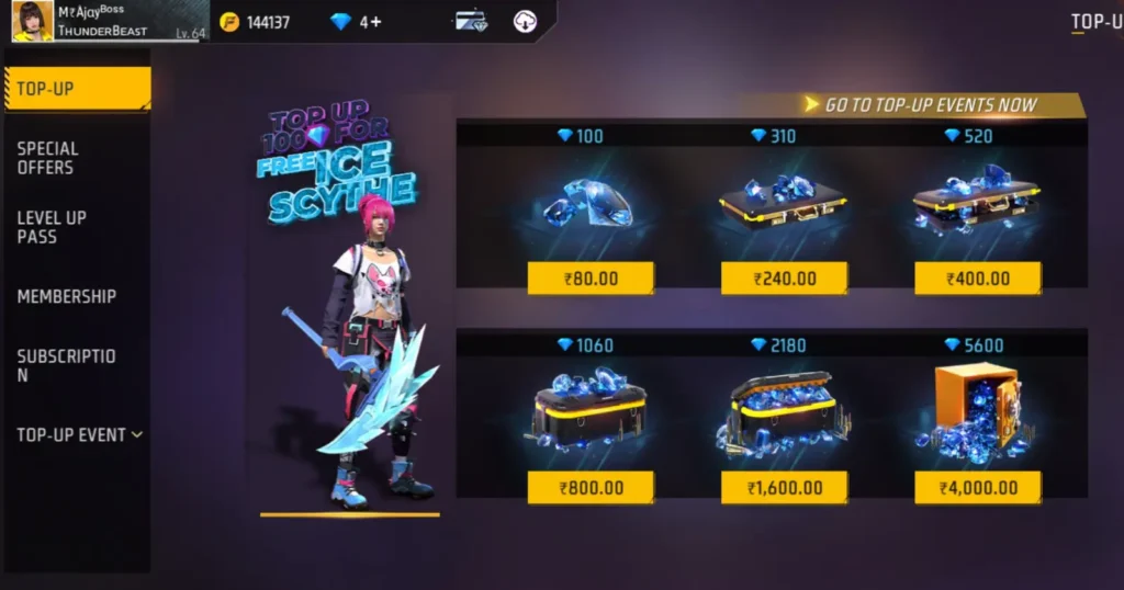 A Free Fire Gamer avatar wields a fierce scythe amidst in-game top-up options, showcasing a special offer. 