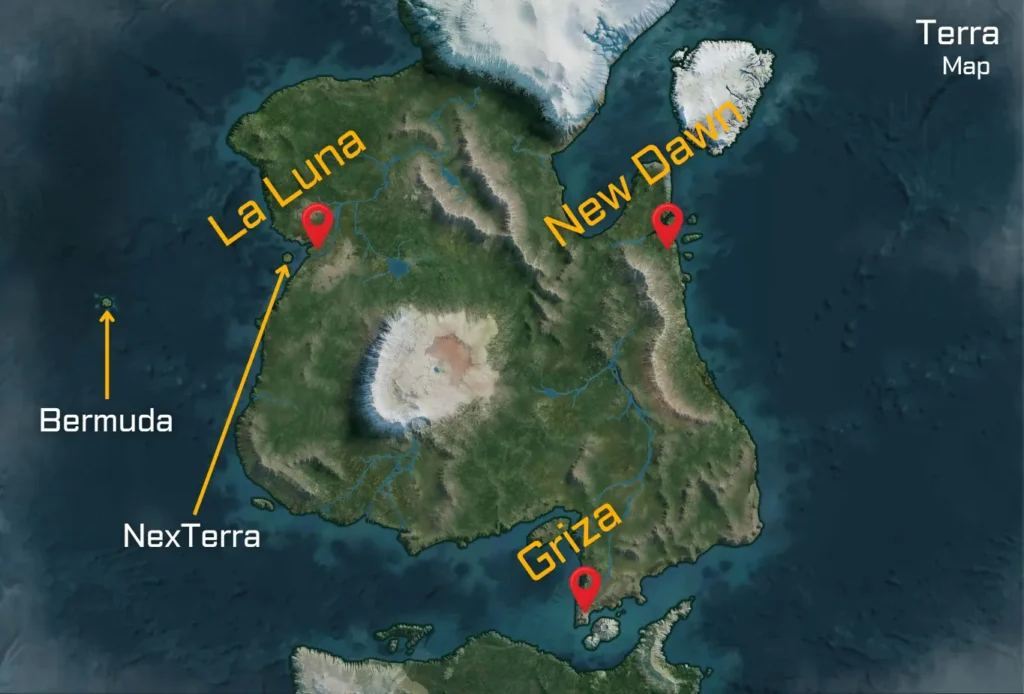 A map of the island named Terra features distinct locations including La Luna, New Dawn, Griza, Bermuda, and NexTerra.