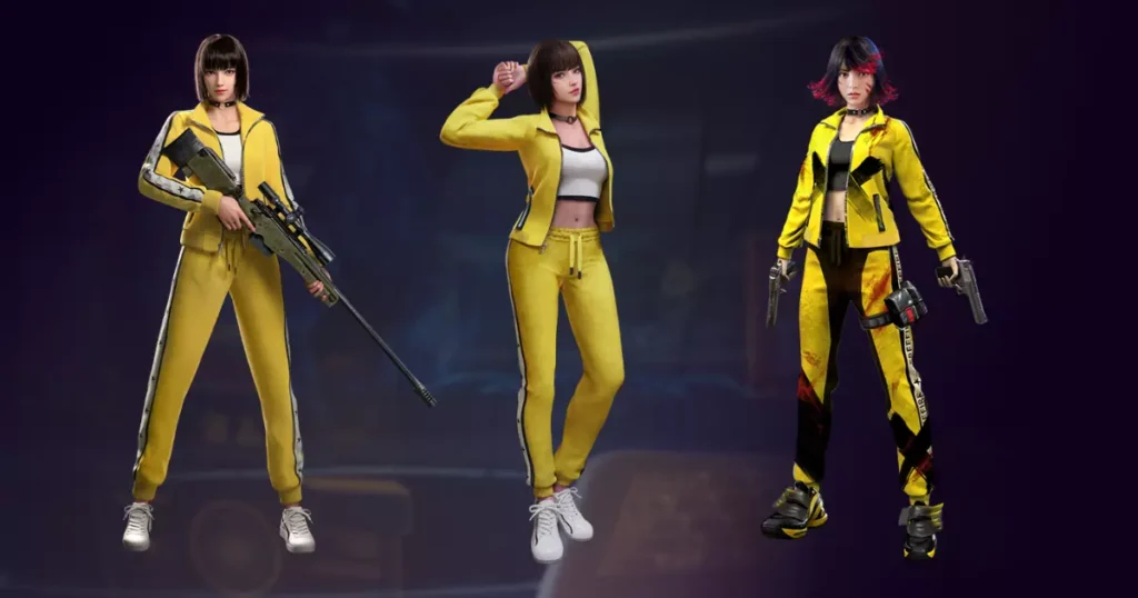Three Kelly characters in yellow costumes holding guns in different positions