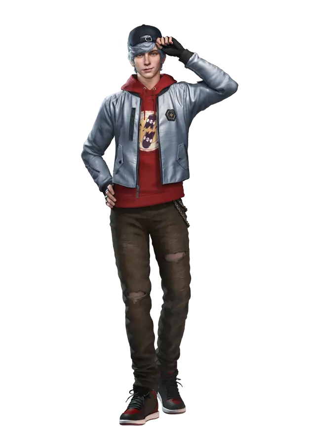 free fire maxim character in a red hoodie and grey jacket