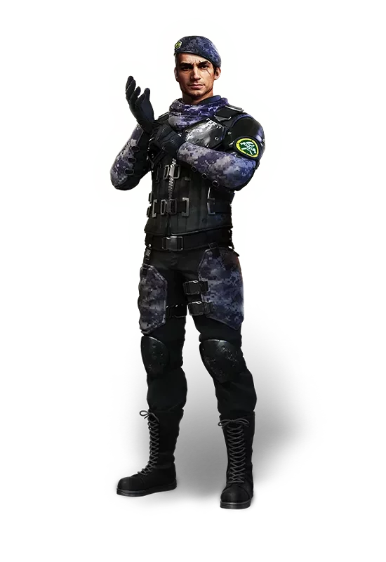 A Miguel character in a detailed police tactical uniform standing in a pose.