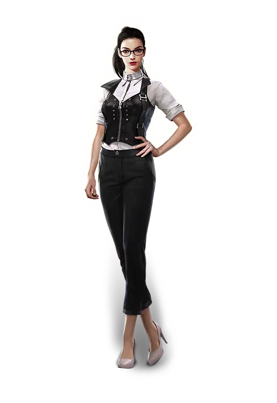 Nikita's female character is in a stylish outfit of a black vest, white shirt, and black pants.