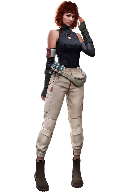 Olivia character in dark sleeveless top, beige cargo pants, and brown boots, with unique small containers attached to her belt.