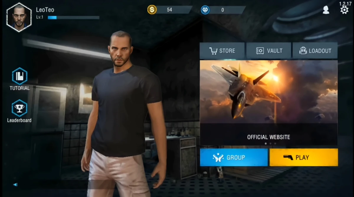 Free Fire's first character: Male, black t-shirt, brown shorts, displayed on the right with in-game options and additional settings.