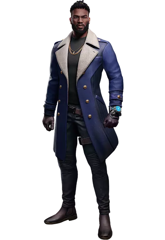 A free fire ford character wearing a stylish long coat, gloves, and boots, with a black face and a glowing device on the wrist.