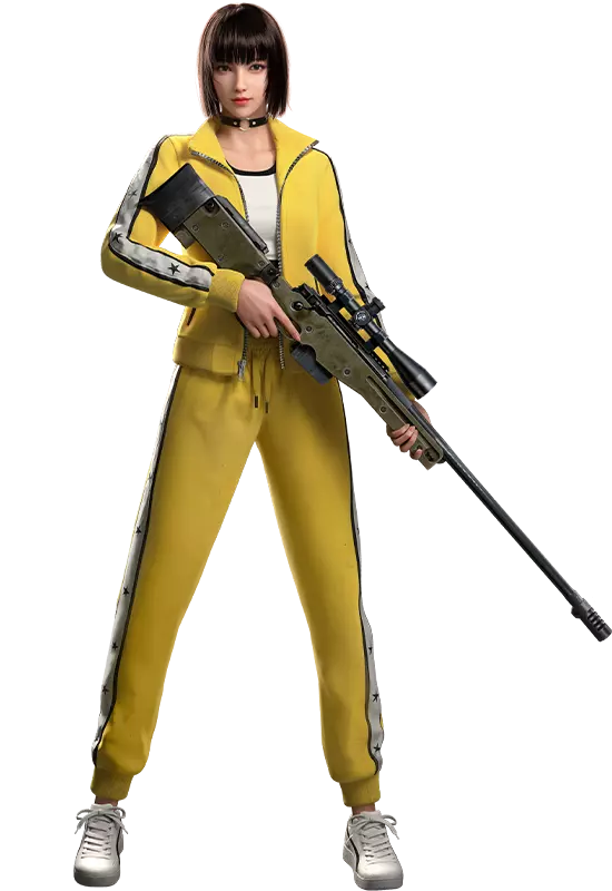 A female character Kelly in a yellow suit confidently holds a AWM rifle