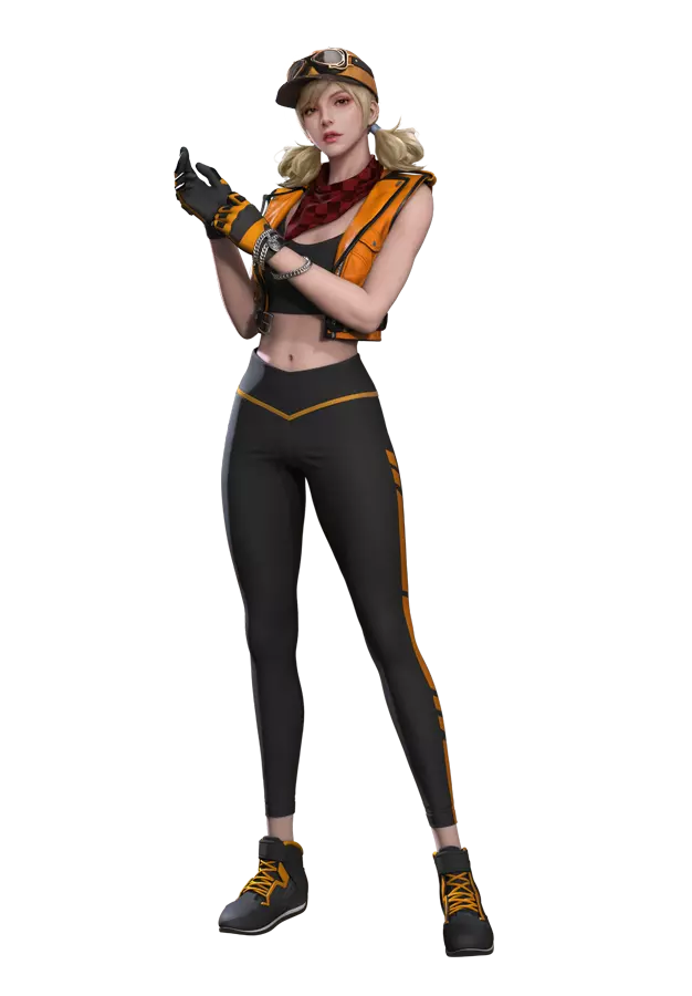 Misha, a female character wearing a stylish black and orange outfit.