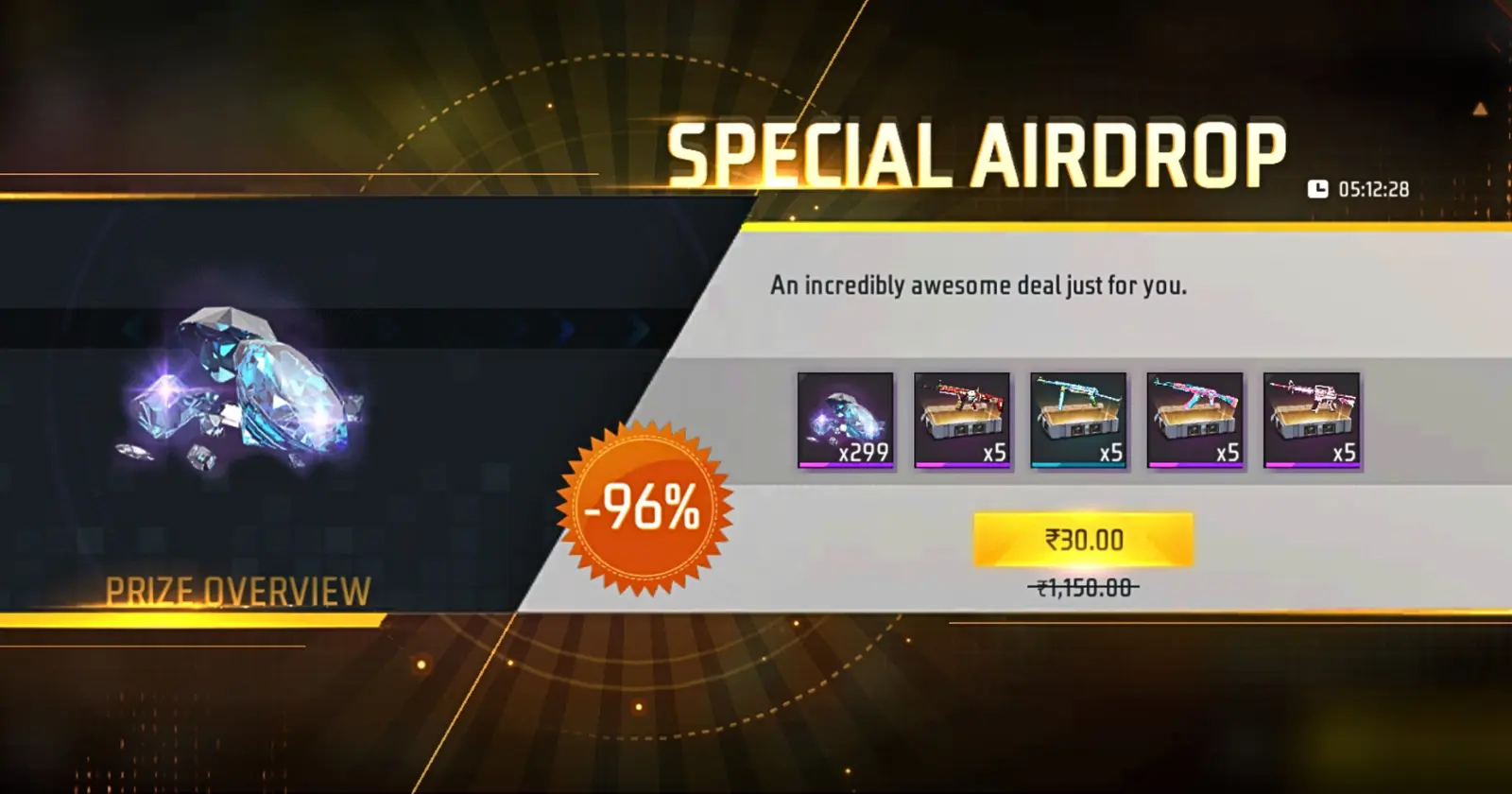 30 rupees special airdrop offer in Free Fire, 96% off on items, ₹30 instead of ₹1150, huge savings on game items.