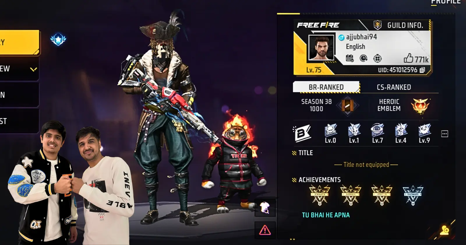 Free Fire gaming profile screenshot of a stylish character representing Ajjubhai. Game statistics and achievements are displayed on the right