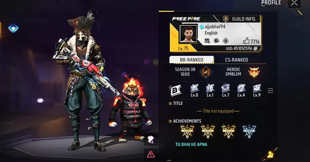 A screenshot of Ajjubhai Free Fire ID profile, showcasing characters in detailed costumes, various achievement and statistics