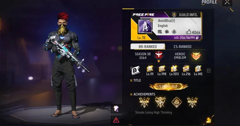 Amitbhai Free Fire UID profile screenshot, detailed in-game achievements and statistics are visible on the right side.