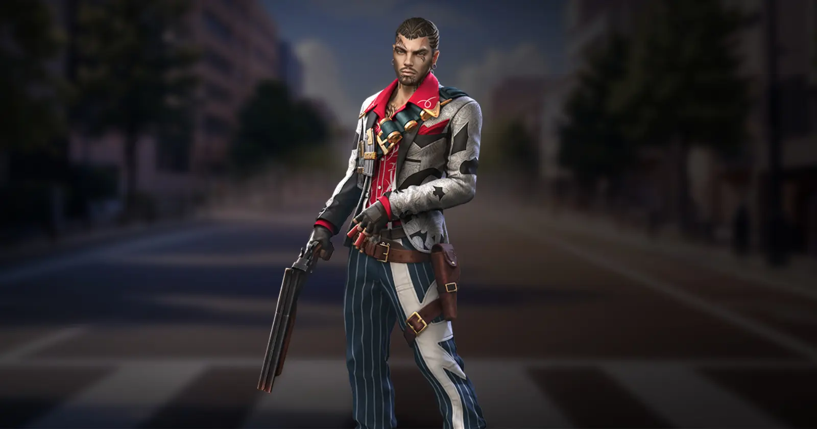 Antonio character stands in the middle of an empty street. They hold a weapon in their right hand and wear a detailed, colorful outfit
