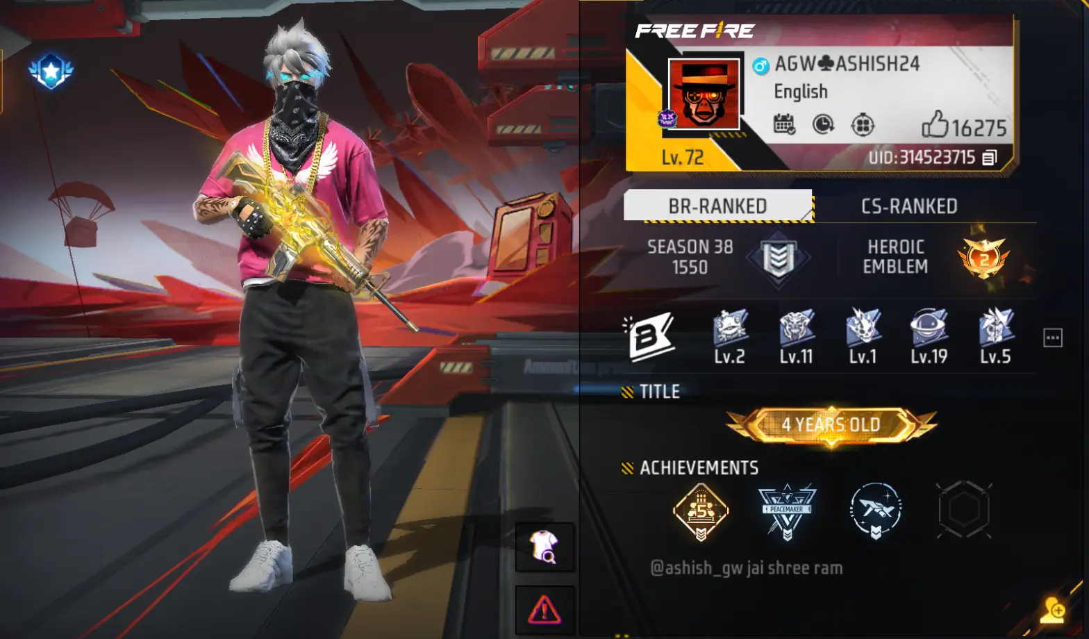 Free Fire uid profile screenshot of Ashish Gamer world, a character wearing stylish clothes standing with a gun.