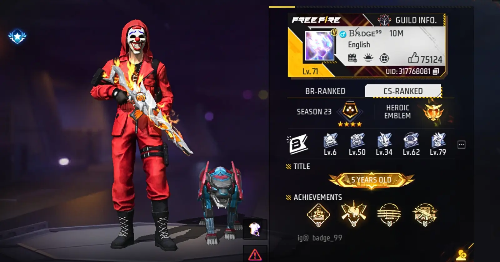A character wearing a red outfit represents the Badge 99 player. His Free Fire uid and game statistics are displayed on the right