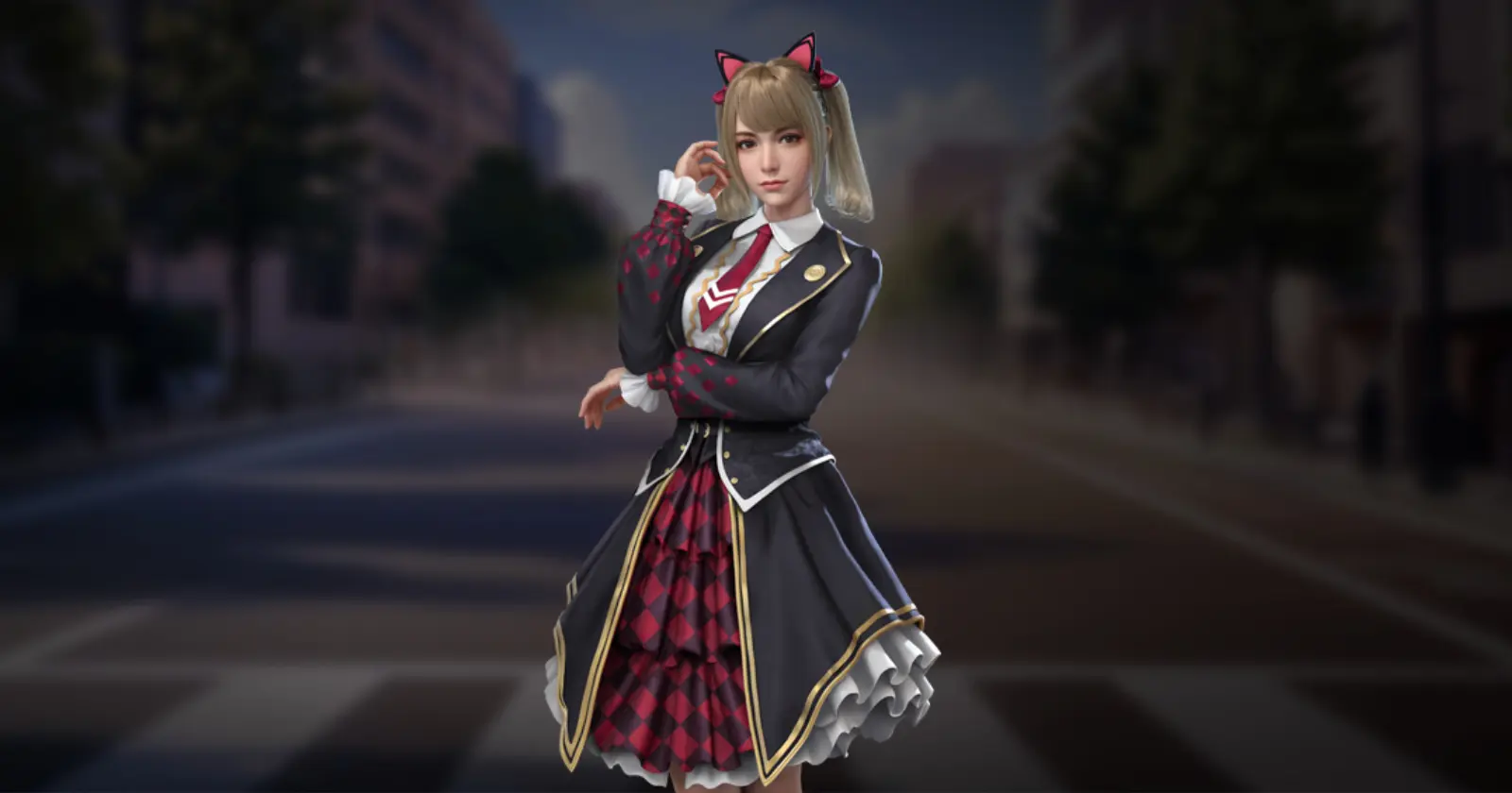 Caroline from Free Fire, in school uniform, stands on a deserted road: black blazer, white-trimmed, red tie, checkered skirt.