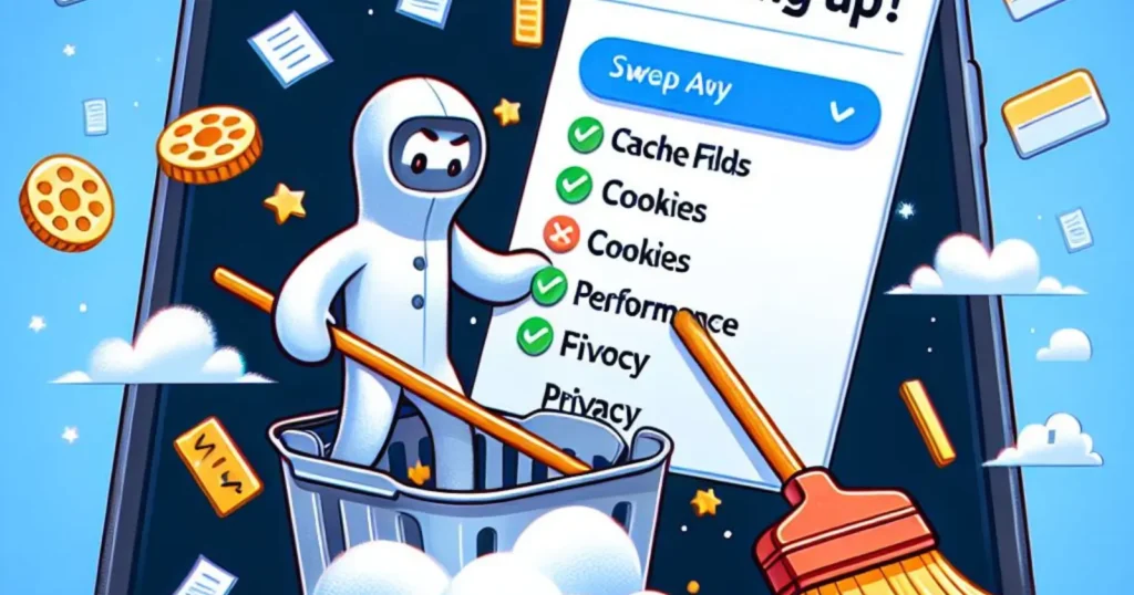 A character clears digital cookies into a bin, symbolizing privacy. Phone screen shows checklist.