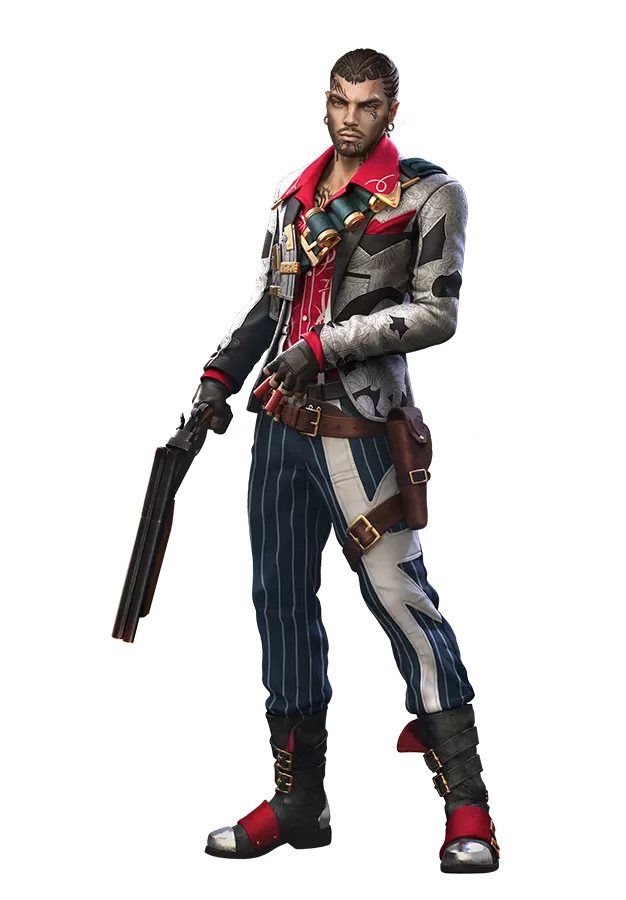 Antonio character in a detailed costume holding a shotgun.