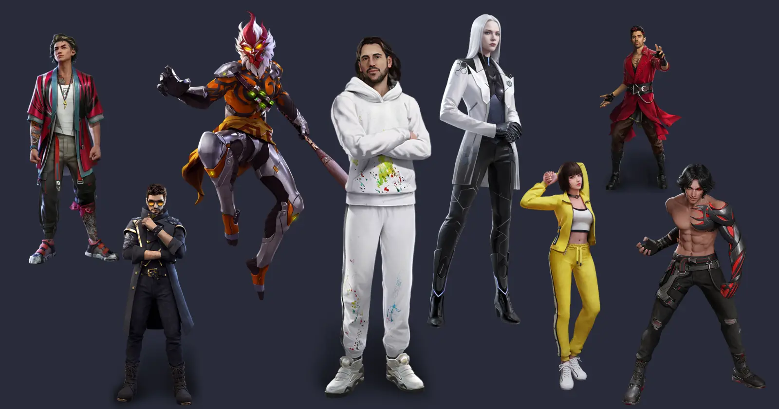 A group of seven best diverse free fire characters, each with unique outfits and poses, set against a dark background.