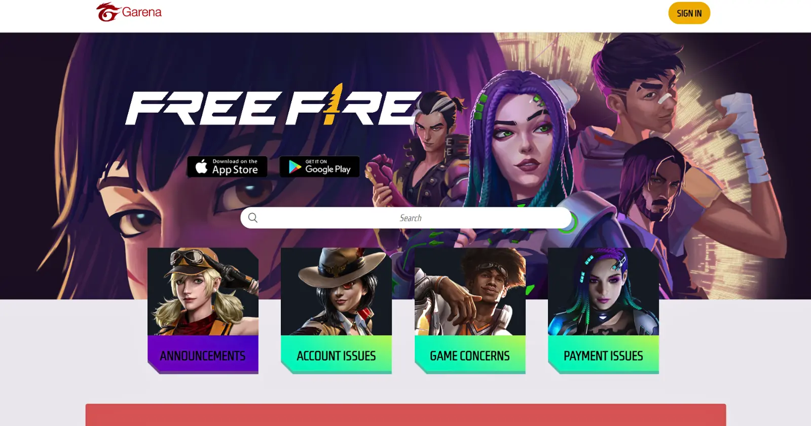 Free Fire Customer Service website screenshot, featuring a Vibrant banner, animated characters, options for announcements, account, game, payment issues.
