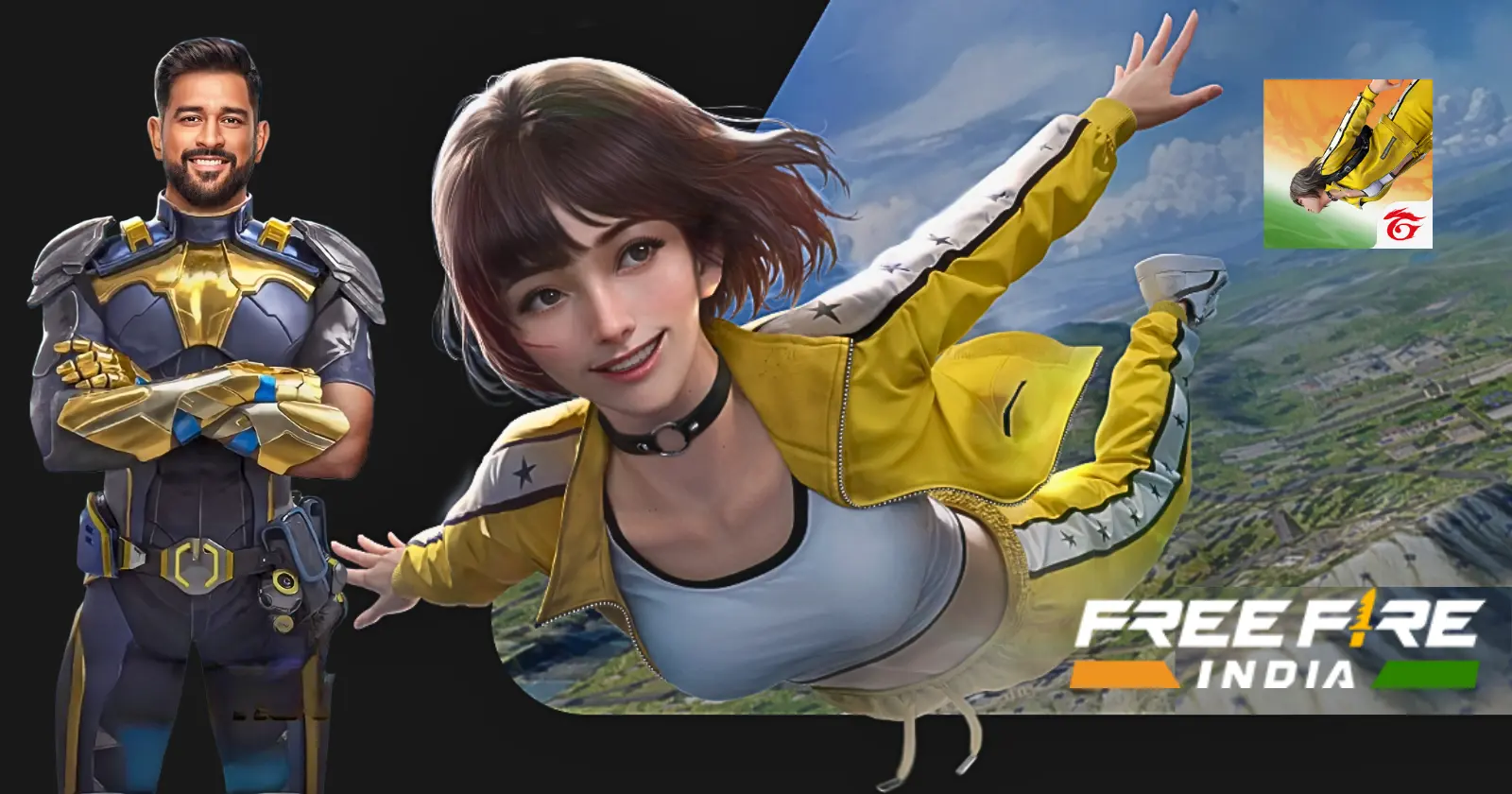Free Fire India features two characters thala and kelly, one in a tactical suit and another skydiving, and a game logo.