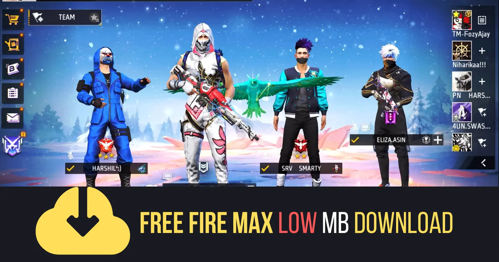 Free Fire Max characters with distinct outfits and weapons, set against a snowy mountain backdrop; a download button and text indicate it’s a low MB download.