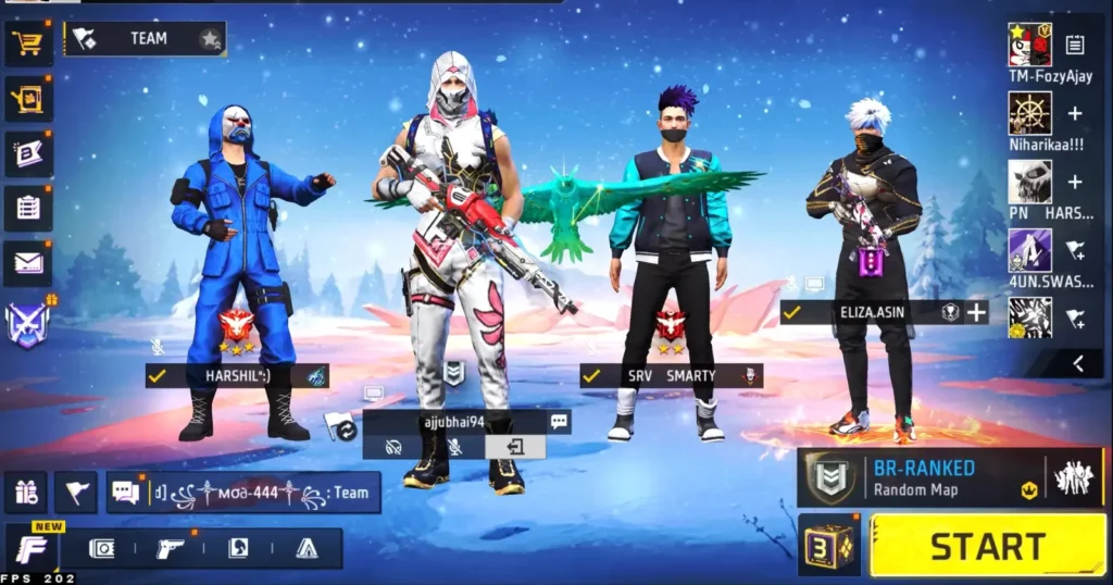 A screenshot of a team ready to start a free fire online game, showcasing players’ unique avatars and gear, set against a snowy mountain backdrop.