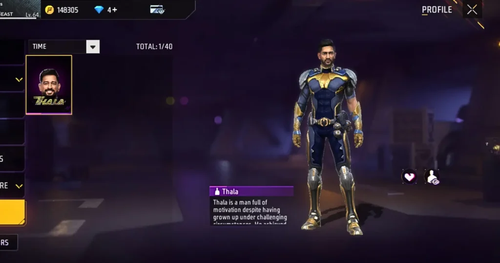 A screenshot of a character profile from free fire game, character in a blue and gold suit, displaying the character’s name Thala.