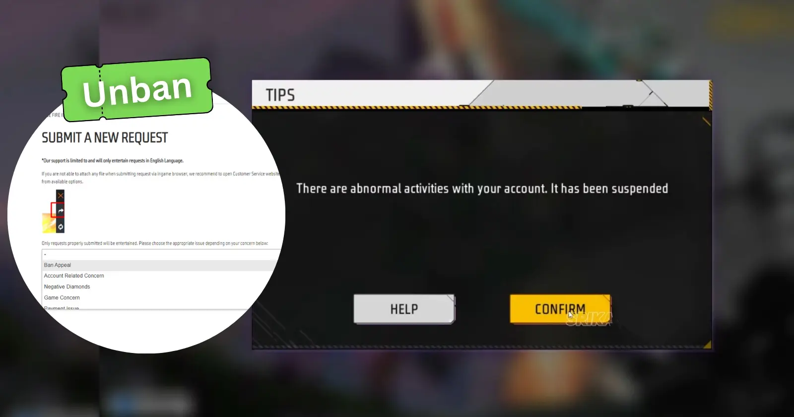 Screenshot of a notification about a free fire account suspension due to abnormal activities, with an ‘Unban’ request form visible