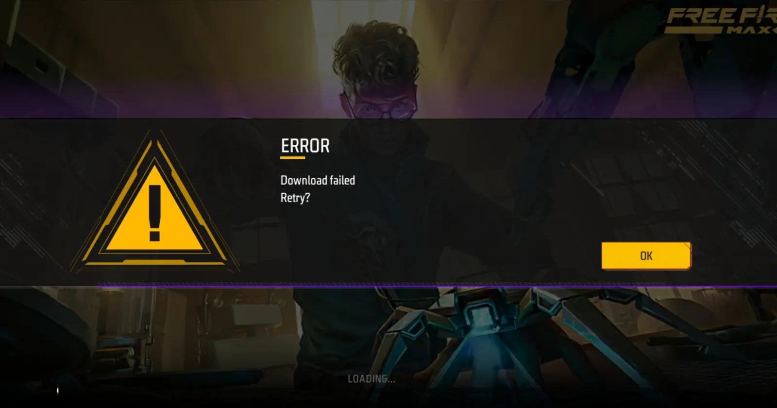 Free Fire MAX loading screen: download fail prompt with retry option.