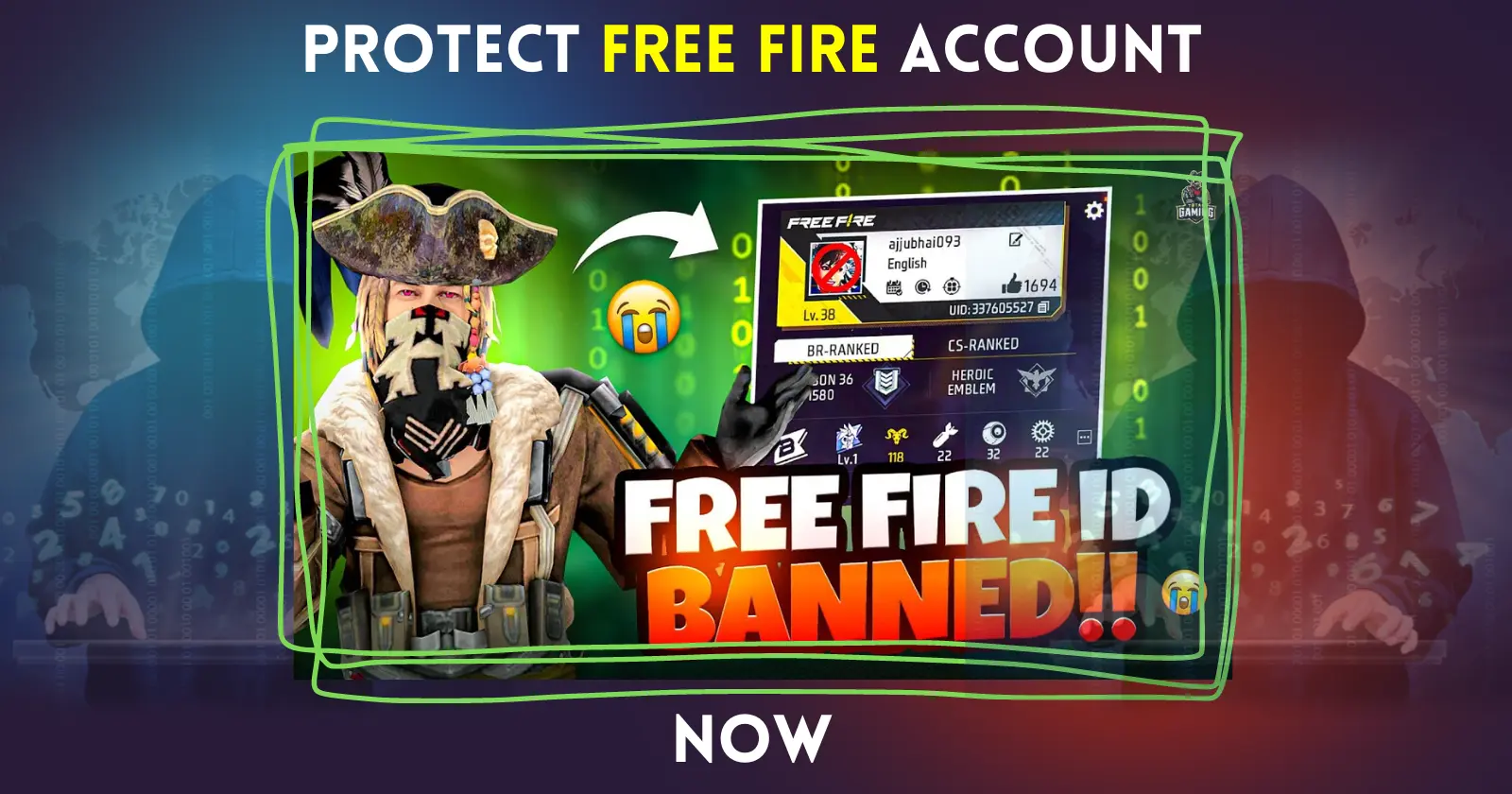 A cautionary graphic: Protect your Free Fire account to avoid bans.
