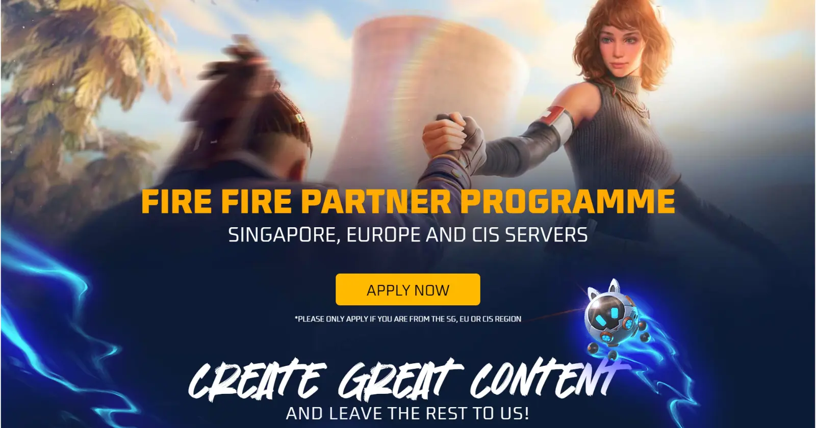 FIRE FIRE Partner Programme featuring two characters against a vibrant background with a rainbow and palm trees.