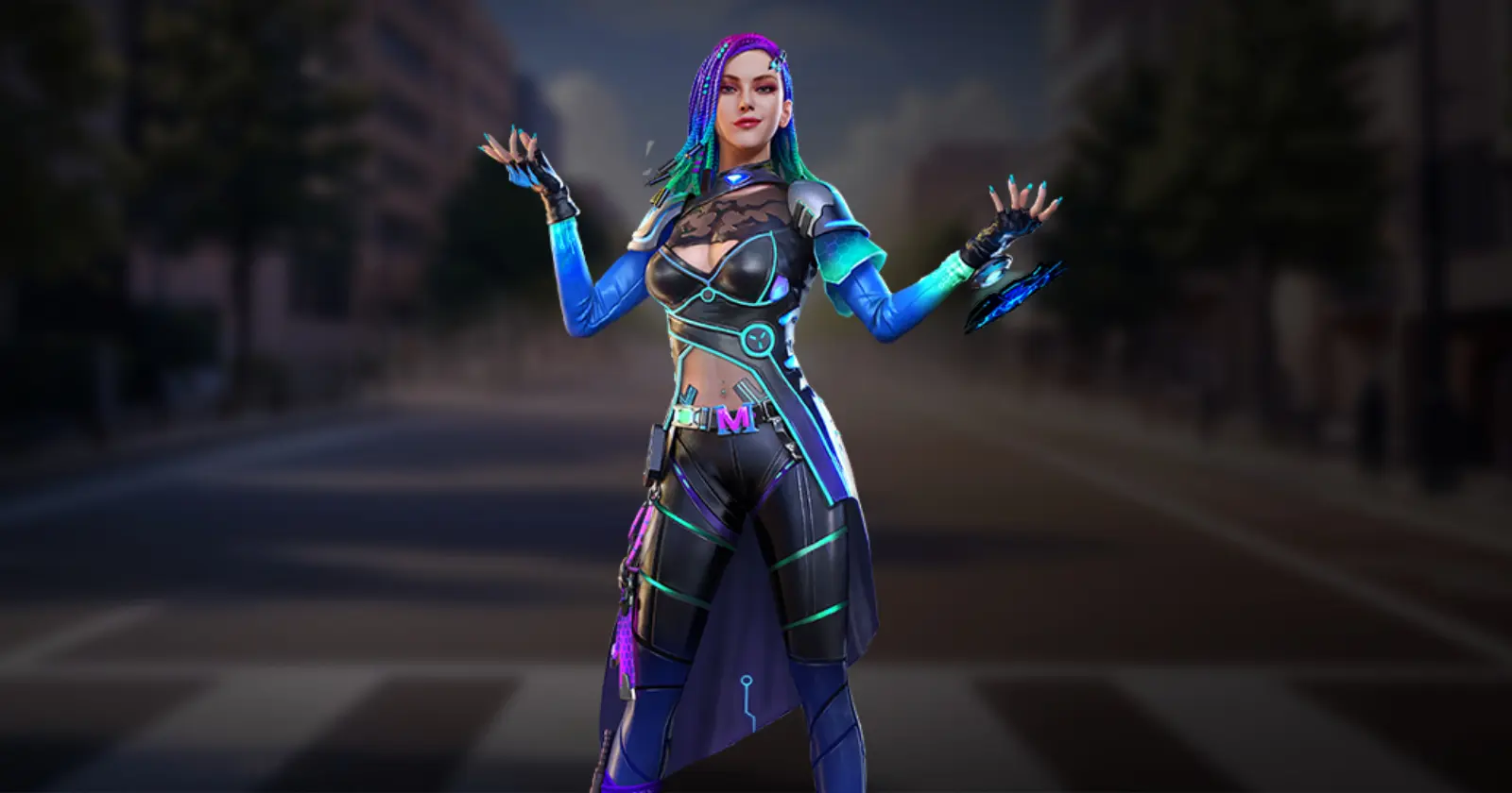 moco female character in a futuristic blue and black outfit stands, The character’s long purple hair complements the color scheme.