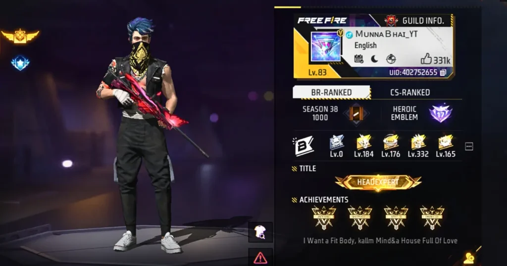 A character from the Free Fire game, holding a weapon, stands next to Munna Bhai's in-game profile.