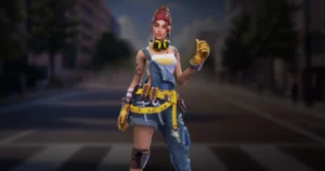 Shani female character of Free Fire game is wearing stylish blue colored clothes and the background is dark blur.