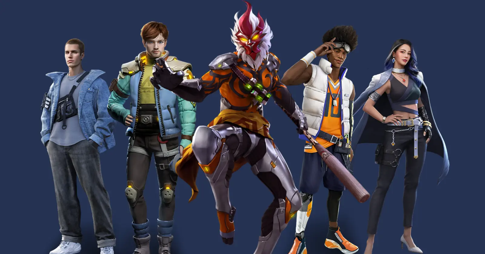 Five diverse free fire characters in different outfits. Wukong at the forefront and a great character combination, dark gray background